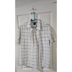 Tony hawk men's short sleeve button up shirt white and gray plaid sz L